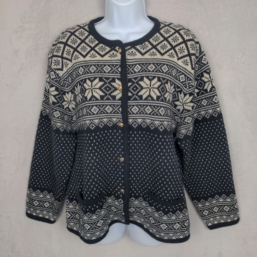 Crystal Kobe Cardigan Sweater Women Large Blue Fair Isle Vtg Preppy Old Money